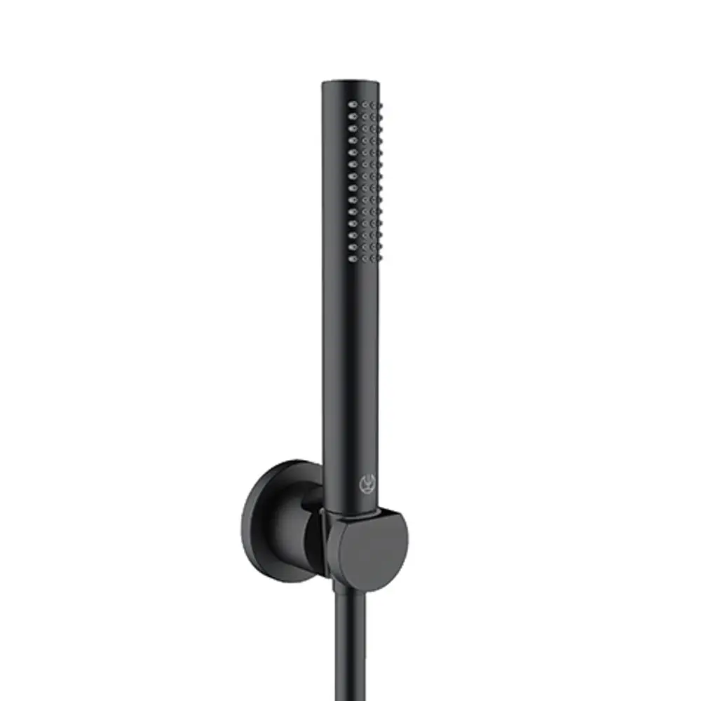 Schwarze Handbrause von Kludi mit schmalem, geradem Design und rutschfester Oberfläche, montiert an einer Wandhalterung.